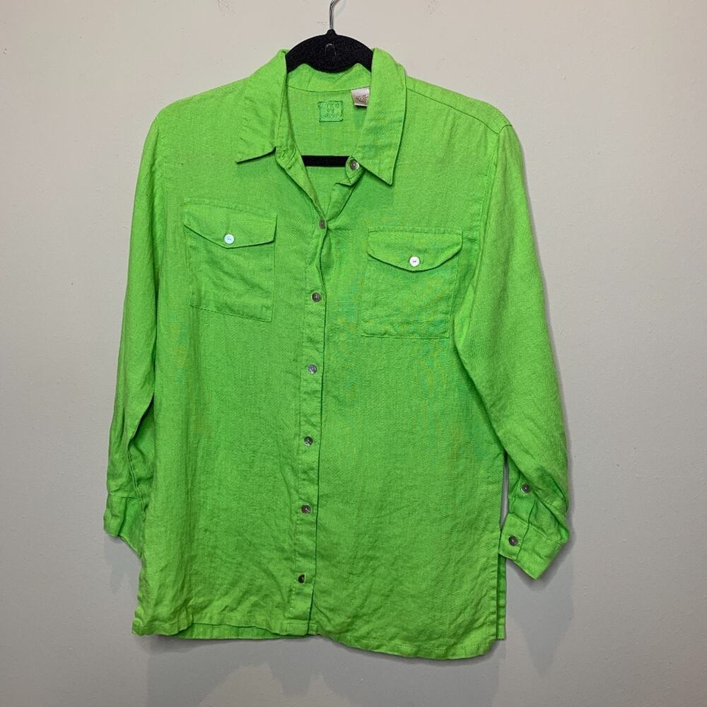 Chicos Button Down Shirt Womens Size 0 Lime‎ Green 100% Linen Long Sleeve Pocket